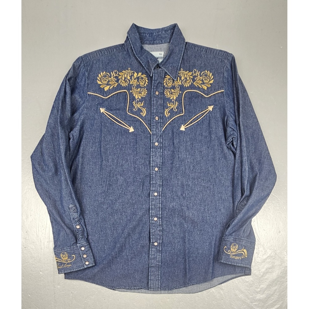 Rafael Amaya Ranger's Western Shirt Mens XL Denim Gold Skull Embroidery Snap